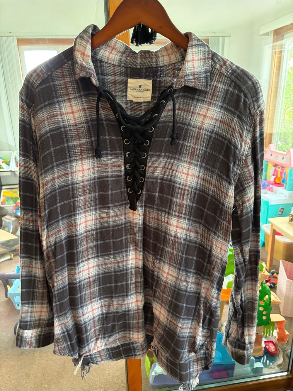 American Eagle Lace-Up Plaid Flannel Shirt